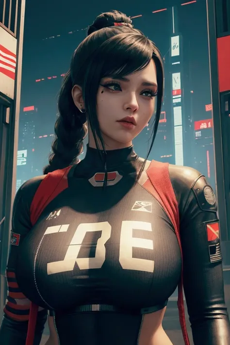  BIG BREASTS, tall details,  clothes with a U flag print.S.Futuristic cyberpunk , , Cyberpunk setting, North American, Athletic body, futuristic gun