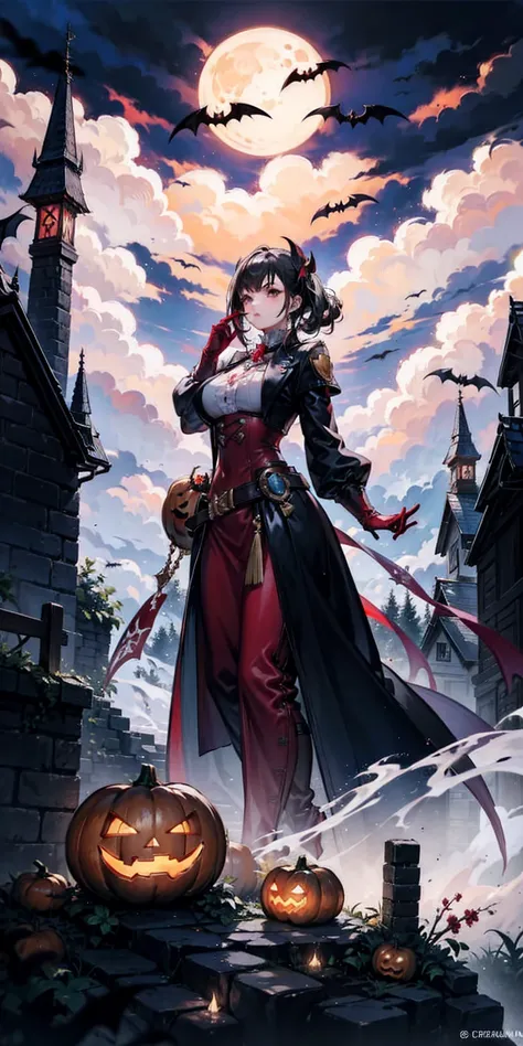 source_anime, R3TR0SC1F1, ((score_9)),score_8_up,score_7_up,score_6_up,score_5_up,score_4_up,Castlevania_Style, Castlevania Style, 1woman, vampire, halloween, pumpkins, fog, eerie, outdoors, smoke, clouds, 