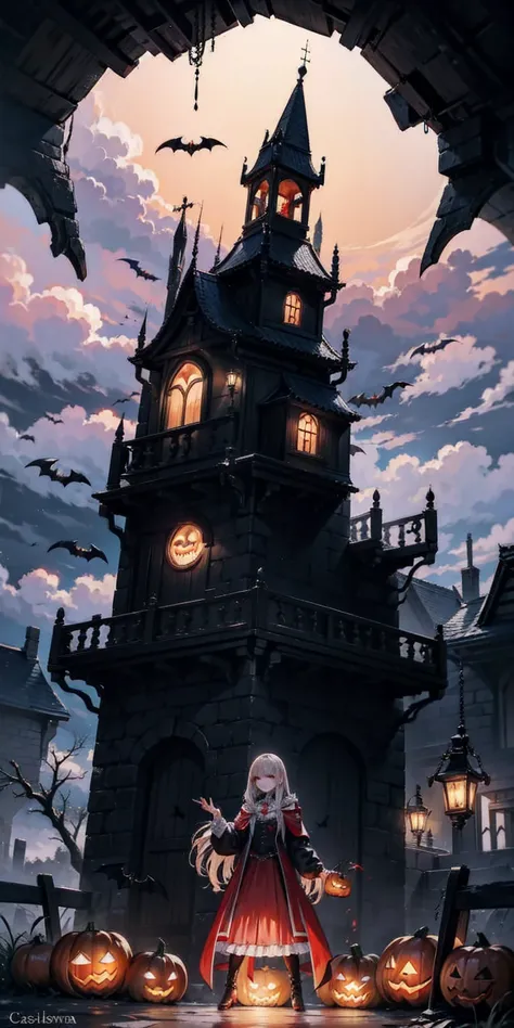 source_anime, R3TR0SC1F1, ((score_9)),score_8_up,score_7_up,score_6_up,score_5_up,score_4_up,Castlevania_Style, Castlevania Style, 1woman, vampire, halloween, pumpkins, fog, eerie, outdoors, smoke, clouds, 