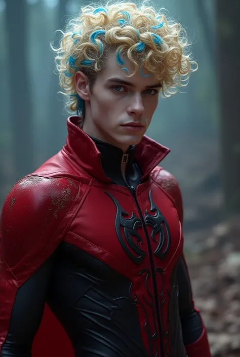  Create the image of a male character with Marvel traits who is a user of the magic of chaos and the inverted inverted magic of DC, with her blond hair with blue tips , and her curly hair, dark blue eyes, white skin,  a red male costume with the same featu...