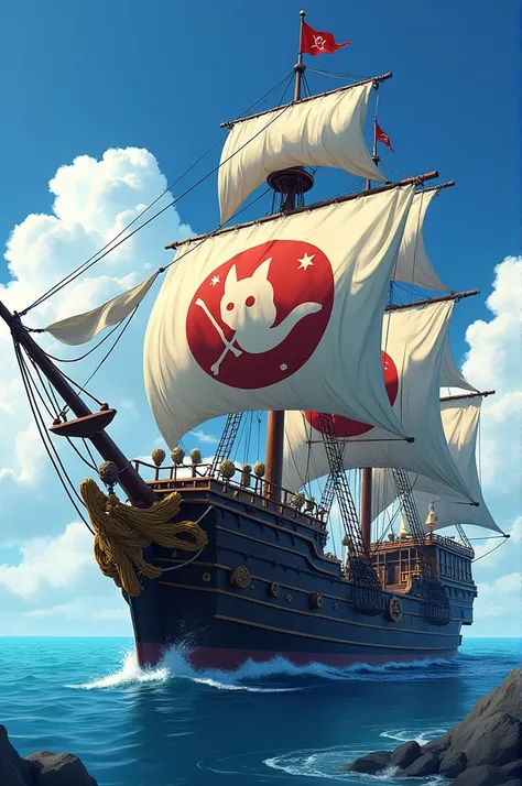  A pirate ship with a symbol of the nine-tailed fox of the color gold , red and black on the hanging cloths ,  the ship being large with a white and black painting on its sculpture and well armed anime version