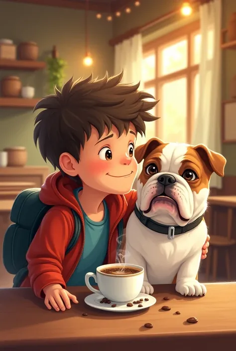 Cover for a cafeteria of a boy and an English bulldog drinking coffee 

