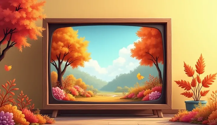 TV frame，Autumn trees, Flowers and plants，Solid Boundary，Display，Wooden frame，Cartoon，The picture is very realistic，
