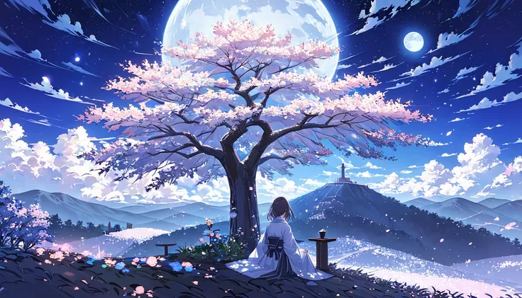 a woman,pastel,sitting woman,a cherry tree,under the cherry tree,cherry tree on top of the mountain,under the night sky,the ligh...