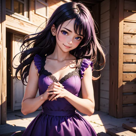 girl in a purple dress looks down happily,  with her hands folded in the lock near her chin, side view