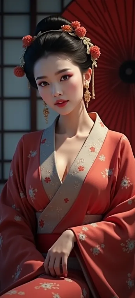 Generate a hyper-realistic portrait of a beautiful woman with Jessica Jung’s facial features. She is wearing a vibrant red kimono with floral patterns and a traditional Japanese updo adorned with delicate golden hairpieces. In the background, a traditional...