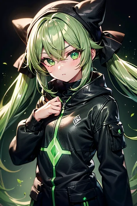 1 girl, twin tails, chaqueta negra com toques verdes, flada verde corta, serios look, green hair, green eyes, guantes negros, medias negras largas. ((Hight Quality, 4k)), ((ilumination low)), ((Shining eyes))