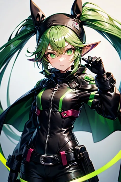 1 girl, twin tails, chaqueta negra com toques verdes, flada verde corta, serios look, green hair, green eyes, guantes negros, medias negras largas. ((Hight Quality, 4k)), ((ilumination low)), ((Shining eyes))