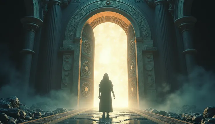 A dramatic image of a person standing before a massive, glowing door, with symbols of the zodiac and planets carved into it. The door begins to open, revealing a bright, shining light inside. The figure reaches out, ready to step through and embrace their ...