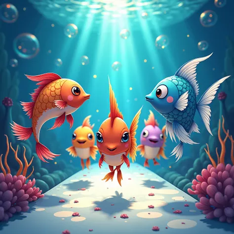 cute funny cartoon art, fish fashion show, white, red, blue, iridescent, patterned, long and short fins, various species, illuminated underwater runway, decoration