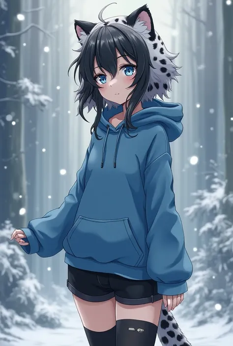 a (fluffy anthro furry) snow leopard femboy with a slender figure and sky blue eyes wearing a blue hoodie black shorts and black thigh highs long messy black hair highly detailed, finely drawn, anime style, sfw, detailed remarkable eyes
BREAK
(stylized Ani...