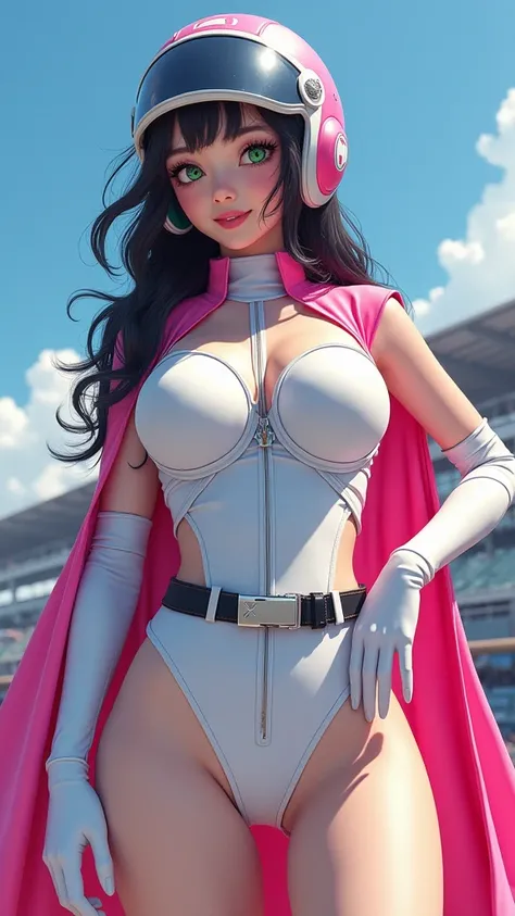 Beautiful Japanese woman, thigh-length white stockings, Formula One racing circuit background , outdoors, day, upper body, looking at viewer, alone, focused, dutch angle breaking,
YEARS_CLASSIC_Jun_gatchaman_ownwaifu, Jun the swan,
One girl, breasts, gloss...