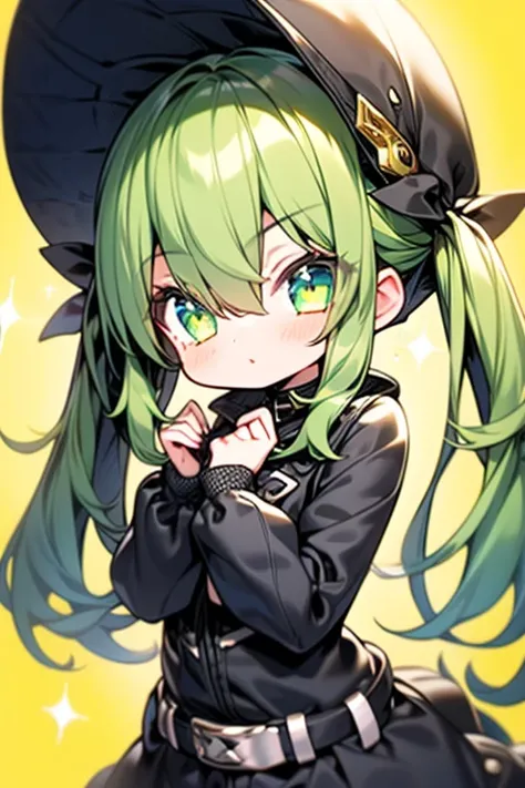 1 girl, twin tails, chaqueta negra com toques verdes, flada verde corta, serios look, green hair, green eyes, guantes negros, medias negras largas. ((Hight Quality, 4k)), ((ilumination low)), ((Shining eyes))