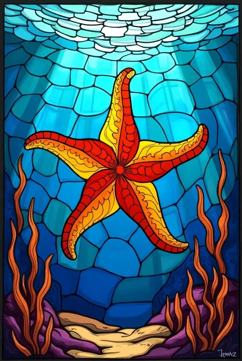 Stained glass art style. Simple Starfish under the water. Vibrant colors. Bold lines. Straight arms.