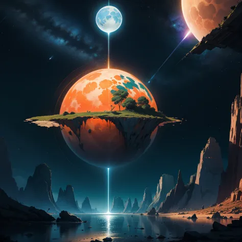 Colourful planet, beautiful vivid colours greem, orange, gold, surreal landscape, fanatasy planet, watery vegetation, alien cosmos, moons, pretty sky, lights, contrast, dynamic
