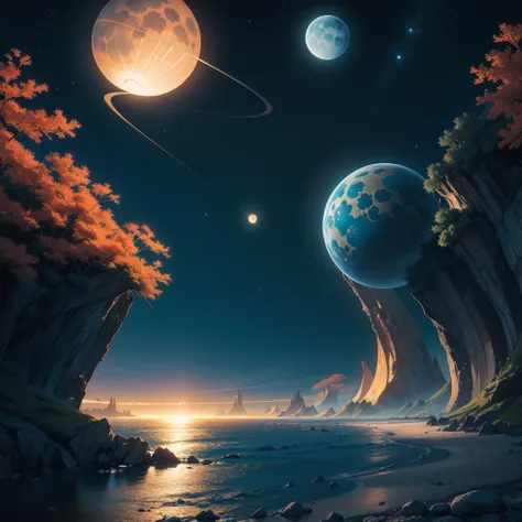 Colourful planet, beautiful vivid colours greem, orange, gold, surreal landscape, fanatasy planet, watery vegetation, alien cosmos, moons, pretty sky, lights, contrast, dynamic
