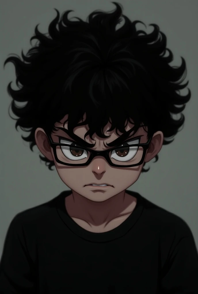 boy,  curly black hair , with dark brown eyes, slanted eyes, wearing glasses, black shirt, angry expression