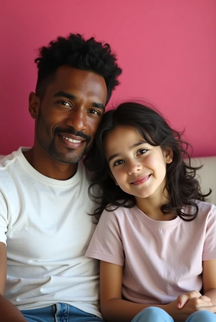 A slender 43-year-old father with dark skin, black eyes, mustache and wavy black hair and white shirt taking a picture with his 22-year-old white-skinned daughter with wavy black hair and black eyes. , both on a couch with a pink wall background  