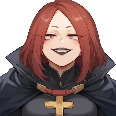  A villain who stole the body of a heroine and now takes advantage of her new body  , This woman and Ururaka Ochako  ( My Hero Academia) ,  She wears a black and white costume with gold edges and is sitting cross-legged wearing a black cape. , smiling with...