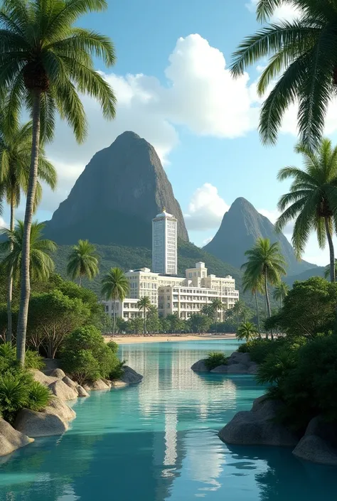 Create a front scene with Copacabana palace in the background,  and behind it mountains and coconut palm sides , In front of everything , 