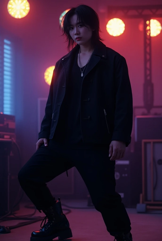 A full-bodied Asian man with long hair down his ears has a black jacket, tight black pants with black military boots, has a K-pop idol style and is in a recording studio, the background, colored lights and is looking at the front of the camera and the phot...