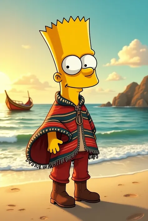  Bart Simpson wearing Argentinian clothing from Cheto neighborhood, On the beach next to a shippeta 