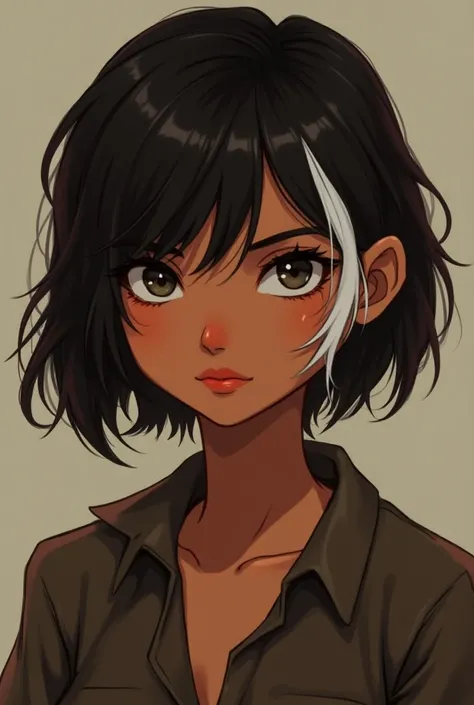  Create the image of a teenage girl with the following characteristics:
Short hair to the shoulder and bangs ,
dark brown hair,
brown skin color,
 A white section next to the bangs ,
 Eyes just as indigenous 
Alternative style 