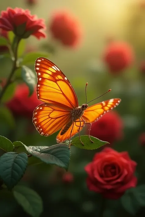 An orange butterfly in a rosebush