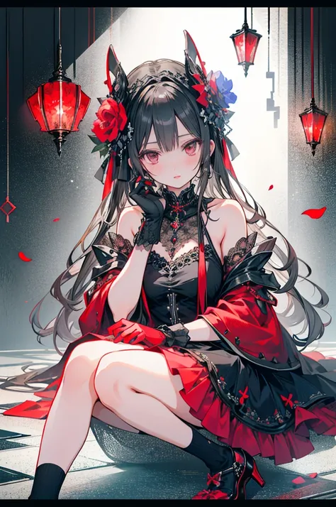 ((8k, Best Quality, masterpiece: 1.2)(Realistic, photo Realistic: 1.37)),One Woman、Alone、Long Hair、chest、 Viewer、bangs、 Black Hair 、 HAIR ACCESSORIES、Red eyes、gloves、dress、holding、Bare shoulders、medium chests、Sitting、whole body、flower、Open lips、Removed sle...