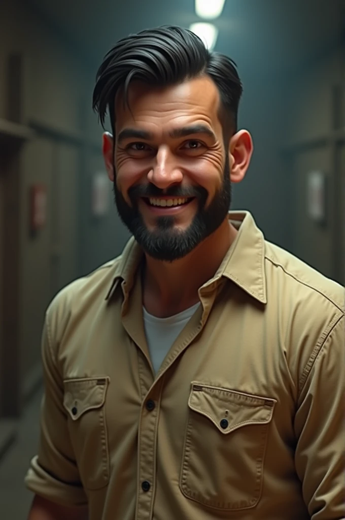 Make a character ,  smiling with a short beard ,  beige prisoner shirt and short medium straight hair in black color in 3d, With background,  pointing to the left 