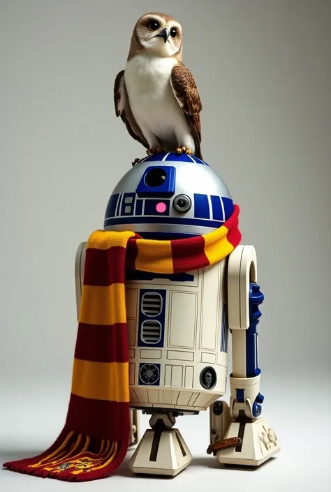 Create a wallpepper for my cell phone with the droid R2D2 from Star Wars , wearing a Harry Potter scarf and with the owl Edwirge on top of r2d2.   resolution , 3080 x 1440 pixels