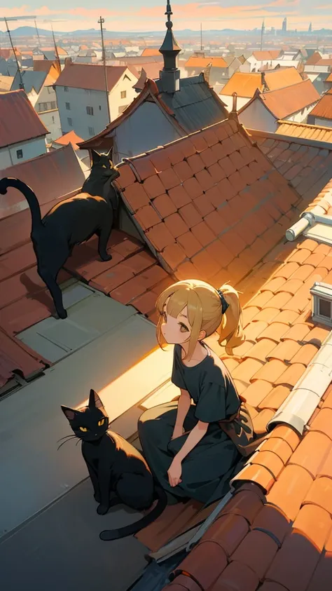  High Resolution ,  flat color 、Blonde Perm、 ponytail、Townscape、Sitting on the roof 、Watching the sunset。 black cat sitting on the roof 、Artistic、 beautiful illustration、Lo-fi illustration