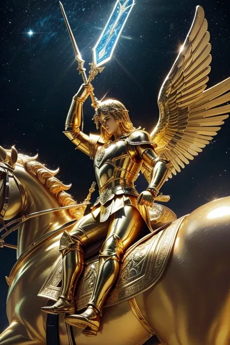 The image of a gold statue, rich in detail, in high definition and relief, of the mighty archangel Michael, majestic in his golden and blue armor and his huge white wings, wielding his shining sword and shield, mounted on his golden horse.