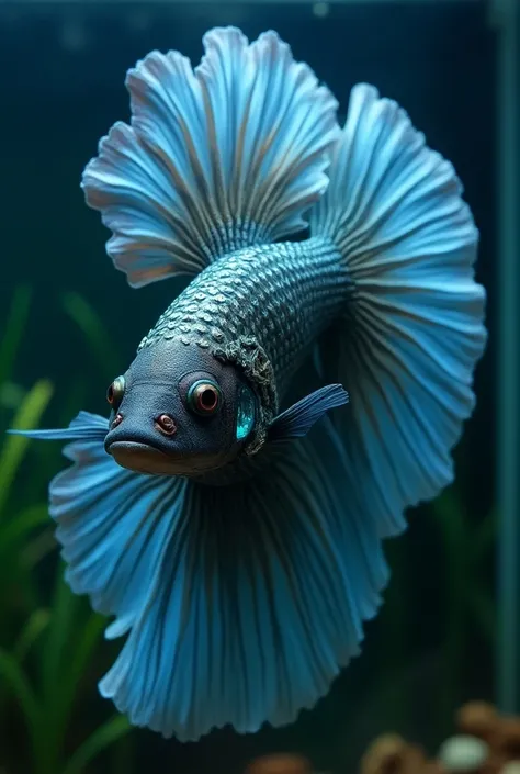 ((best quality)), ((masterpiece)), (detailed),
 Steampunk beta fish “conqueror version” ,  with elegant combat armor ,  vision with luminous eyes that appear to illuminate or emit rays.  Large and seductive display of fins ,  conquering a female , galantin...