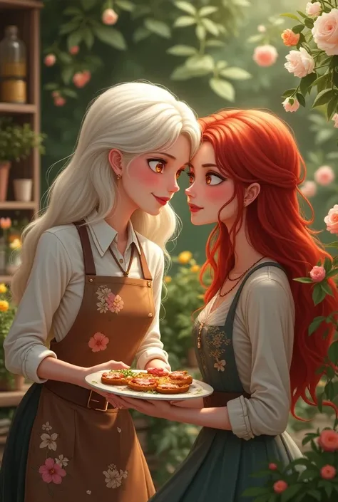 Woman with long white hair and orange eyes smiling and wearing a florists apron while trying to feed an apathetic woman with long red hair with pink eyes in elegant clothes.  
