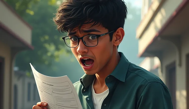 A distressed 18-year-old Indian male student is holding his marksheet with one hand, visible from the chest upwards. His face is open-mouthed, expressing anxiety, while looking to the left. The background represents an Indian environment but is blurred to ...