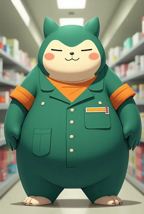 A snorlax with a pharmacy uniform knew that the shirt is green with orange 