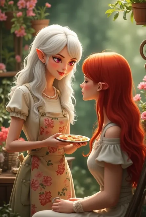 Woman with long white hair and orange eyes smiling and wearing a florists apron while trying to feed an apathetic woman with long red hair with pink eyes in elegant clothes.  
