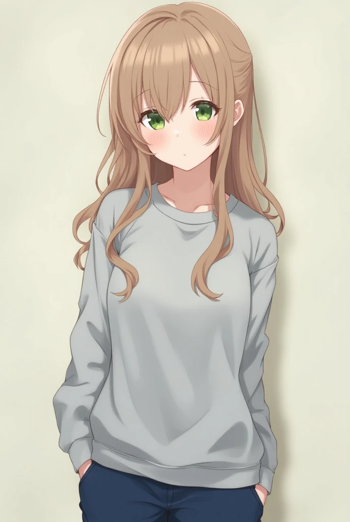  Create an anime girl with light brown hair and who has a lock between her eyes,  ojos de color verde, with a gray sweatshirt and navy blue pants  