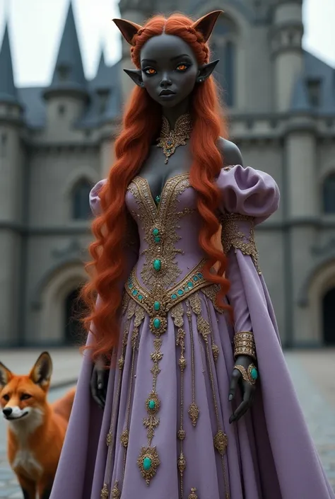  orange-eyed elf ,  elf with lots of gold and silver jewels studded with turquoise stones, sapphire, and diamonds. dark black skin,  curly and curly hair ,  very long hair that reaches the knees ,  she is dressed in a Victorian dress full of embroidery and...