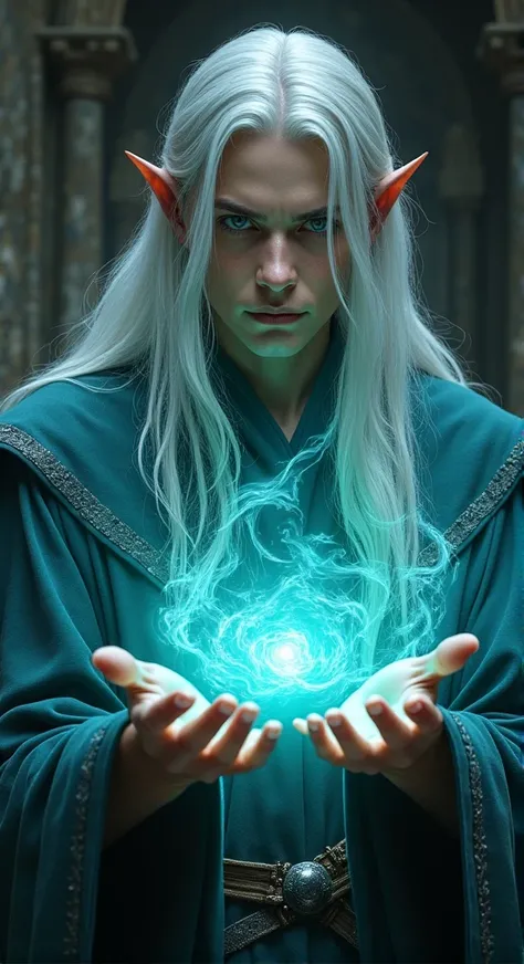 imaginez Un homme mage elf au long cheveux blanc canalisant son pouvoir au mana turquoise blanc dansant entre ses doigts et ses mains en robe de mage bleue grise foncée avec liserai dargent dans une tour de mage, médiéval dark fantasy, close up face