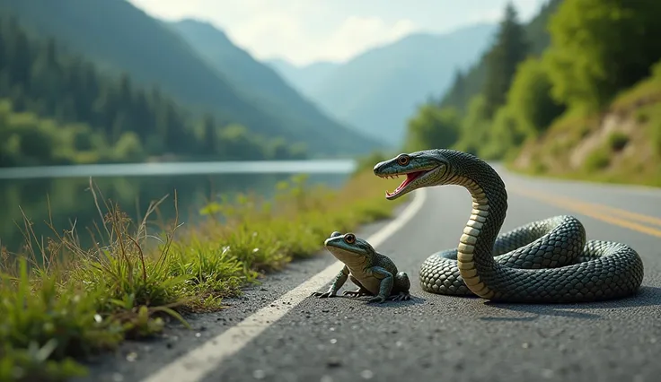 cobra and frog in road hill river side