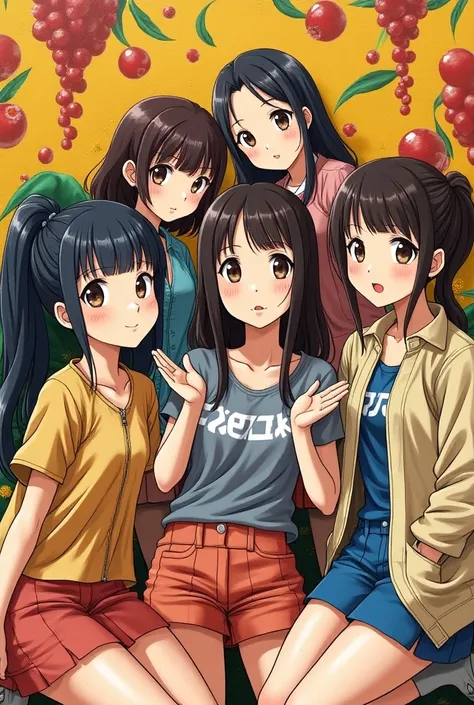   of a group of girls posing for a photo shoot in arafe, an  album cover  by Yokoyama Taikan,  instagram, Graffiti, fruit, Official artwork,  album cover , Album art cover, Album artwork, zipper,  Promotional Art ,  monster, Album art, Anime Cover, japanes...