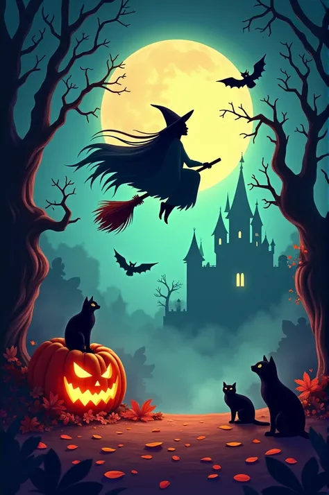 "Create a vibrant and immersive image that represents a magical and spooky Halloween scene. The image should include a long-haired witch wearing a black cloak, riding a broomstick under a brightly lit full moon. Below, depict a dark forest filled with twis...