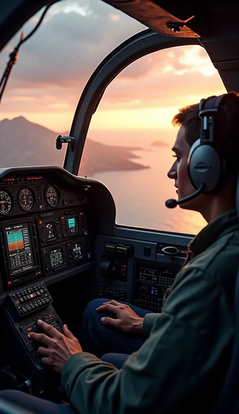 Image of the cockpit of a Su-27 fighter, with the pilot, As if it were real life, photo of the right side of the cabin from the inside, looking at the sunset, with the sea, with mountain,  realistic photo  