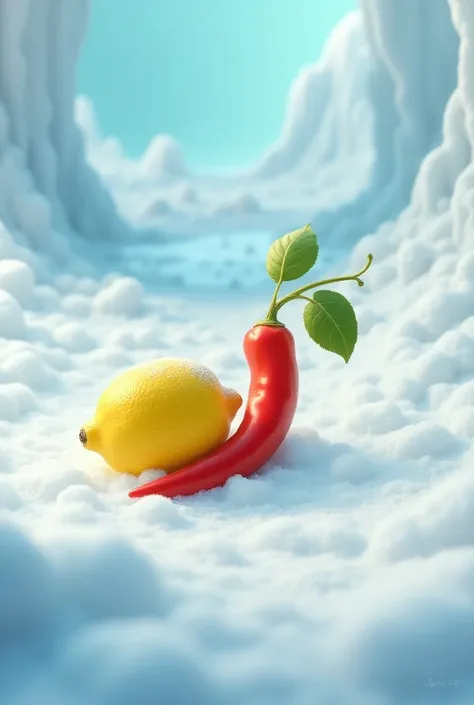 I want you to make an image of a jelly snow with a lemon and chili as the title "Curly Snows "