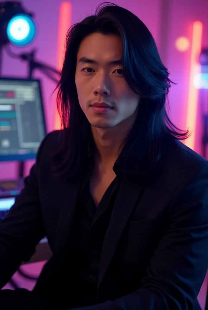 A full-bodied Asian man with long hair down his ears has a black jacket, tight black pants with black military boots, has a K-pop idol style and is in a recording studio, the background, colored lights and is looking at the front of the camera, the man is ...