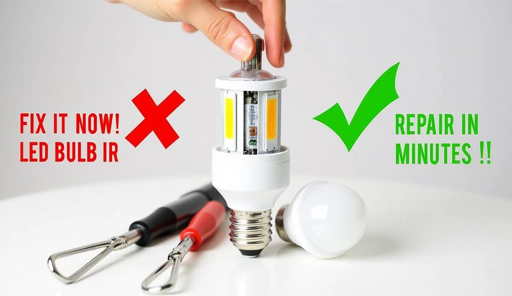 

1. **Close-Up of a Hand Repairing a LED 7w  Bulb**: Show a close-up of a hand holding an LED bulb with wires or a small tool, giving the impression of repair. Add bold text like "Fix It Now!" or "LED Bulb Repair!" with bright, attention-grabbing colors.
...