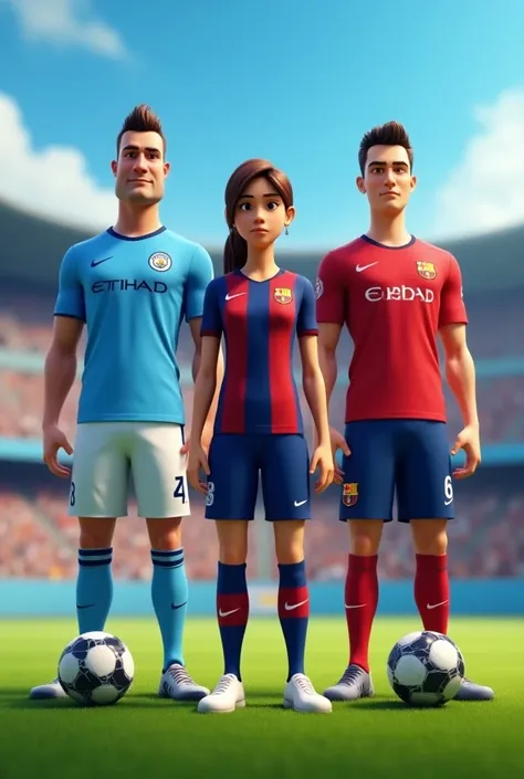 Animated image of a male couple from the Manchester City team and a woman from the Barcelona soccer team 