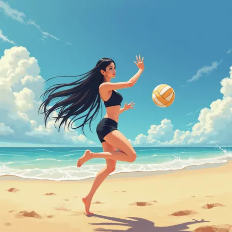 Woman, long straight black hair, playing volleyball on the beach 